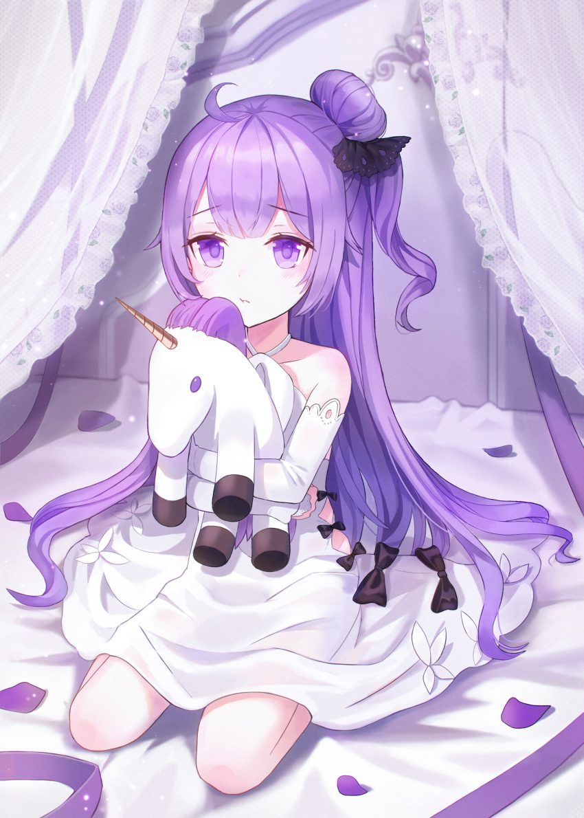 1girl :t absurdres ahoge azur_lane bangs bare_shoulders bed bed_sheet black_ribbon canopy_bed closed_mouth detached_sleeves dress eyebrows_visible_through_hair hair_bun hair_ribbon halterneck highres holding holding_stuffed_animal iren_lovel long_hair looking_at_viewer on_bed one_side_up petals purple_hair ribbon seiza sidelocks sitting solo stuffed_alicorn stuffed_animal stuffed_toy symbol_commentary unicorn_(azur_lane) very_long_hair violet_eyes white_dress