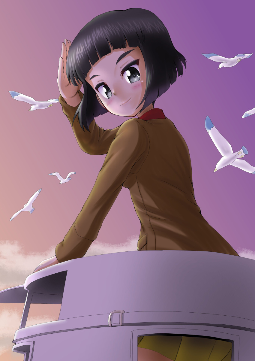 1girl absurdres arm_support bangs bird black_eyes black_hair blunt_bangs blunt_ends bob_cut brown_jacket chi-hatan_military_uniform closed_mouth clouds cloudy_sky commentary daxz240r from_side girls_und_panzer highres jacket kubota_(girls_und_panzer) leaning_forward light_blush looking_at_viewer looking_back military military_uniform miniskirt outdoors pleated_skirt purple_sky seagull short_hair skirt sky smile solo special_type_2_launch_ka-mi tank_cupola twilight uniform yellow_skirt