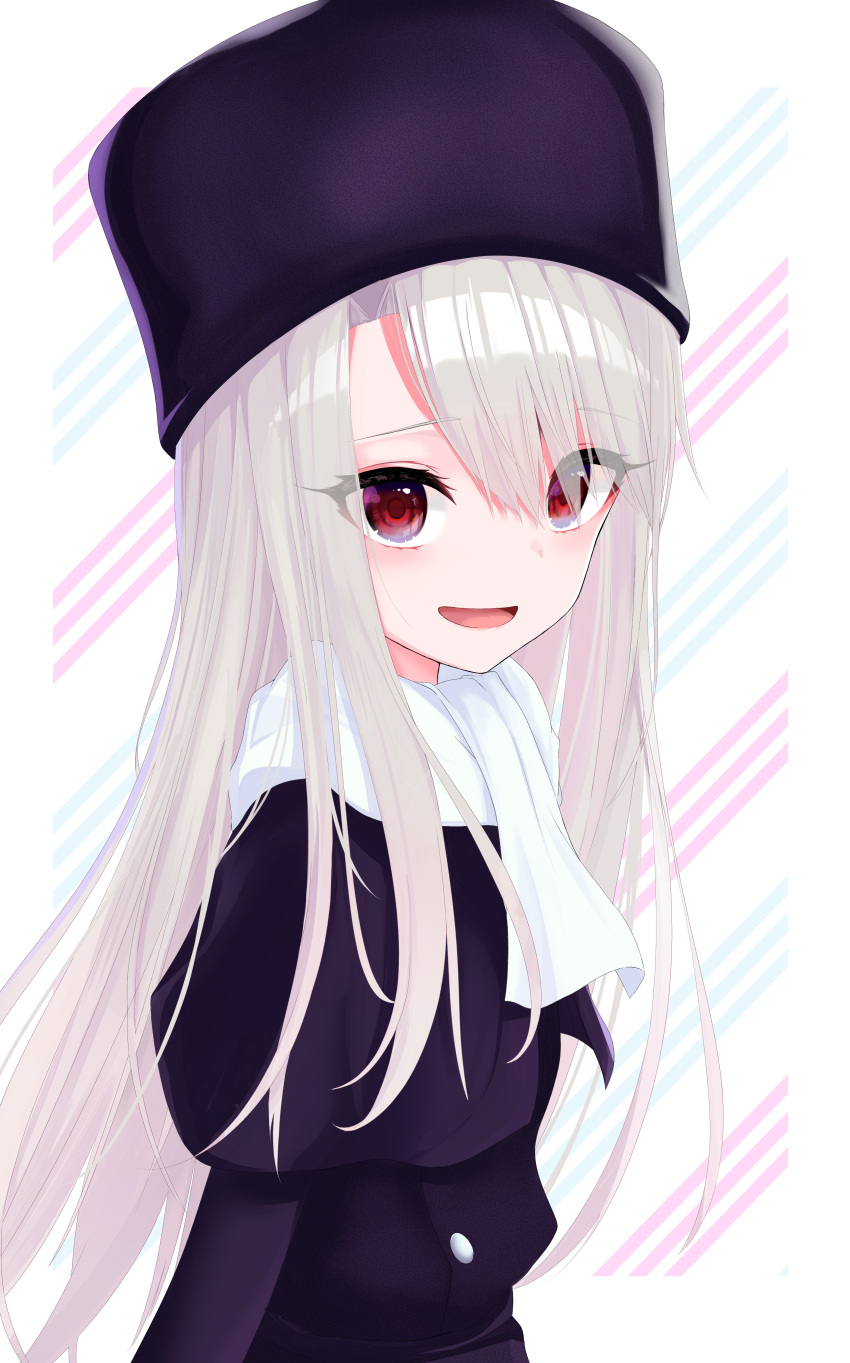 1girl absurdres bangs black_headwear black_jacket commentary_request eyebrows_visible_through_hair fate/stay_night fate_(series) from_side hat highres illyasviel_von_einzbern jacket long_hair looking_at_viewer open_mouth red_eyes smile solo striped striped_background user_afpk7473 white_hair