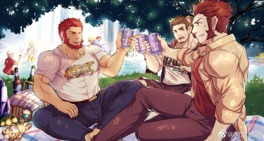 abs amakusa_shirou_(fate) bara basket beard beowulf_(fate/grand_order) black_hair blue_eyes brown_hair bulge chest coat commission crossed_legs cup facial_hair fate/grand_order fate_(series) gilgamesh gilgamesh_(caster)_(fate) highres jewelry male_focus male_swimwear mascot multiple_boys muscle napoleon_bonaparte_(fate/grand_order) necklace nipples one_eye_closed open_clothes pectorals picnic rider_(fate/zero) scar sengo_muramasa_(fate) shirt short_sleeves shorts smile swim_briefs swimming swimsuit swimwear tank_top tattoo yaoi yaosan233