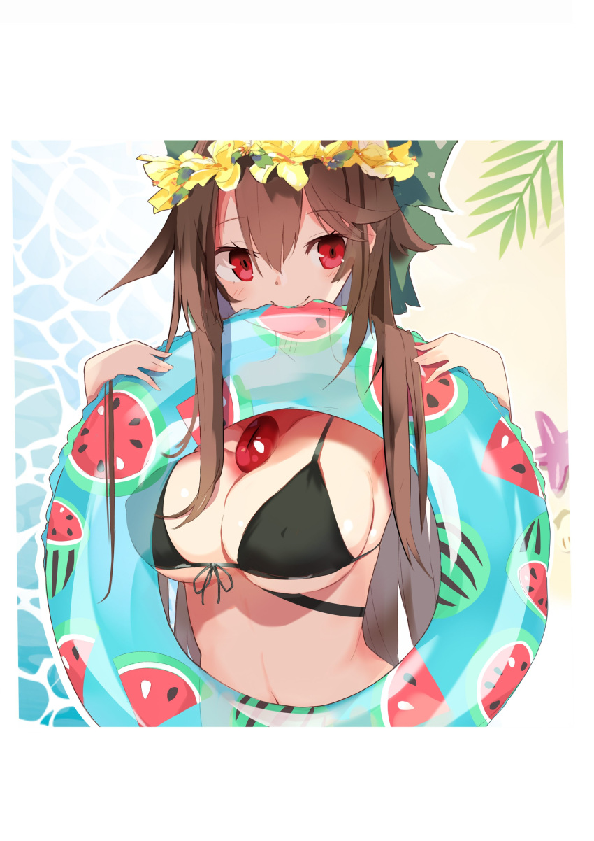 1girl absurdres bangs beach bikini black_bikini breasts brown_hair collarbone commentary_request eyebrows_visible_through_hair flower front-tie_bikini front-tie_top hair_between_eyes hands_up head_wreath highres holding innertube large_breasts long_hair looking_at_viewer navel red_eyes reiuji_utsuho sidelocks smile solo starfish stomach swimsuit tetsurou_(fe+) touhou upper_body yellow_flower