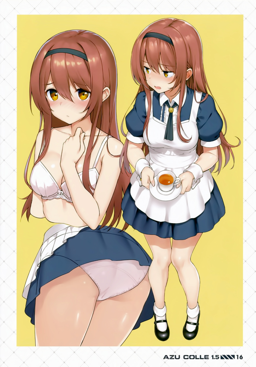 1girl absurdres apron ass bangs black_footwear black_hairband blue_shirt blue_skirt blush bobby_socks bow bow_bra bra breasts brown_eyes brown_hair closed_mouth collarbone collared_shirt cropped_torso cup eyebrows_visible_through_hair hair_between_eyes hairband hand_up highres holding holding_saucer idolmaster idolmaster_shiny_colors long_hair looking_away looking_to_the_side maid_apron mary_janes multiple_views nose_blush oosaki_tenka open_mouth panties pink_panties pleated_skirt puffy_short_sleeves puffy_sleeves saucer shirt shoes short_sleeves simple_background skirt small_breasts socks standing takayaki tea teacup underwear upper_body very_long_hair white_apron white_bra white_legwear wrist_cuffs yellow_background