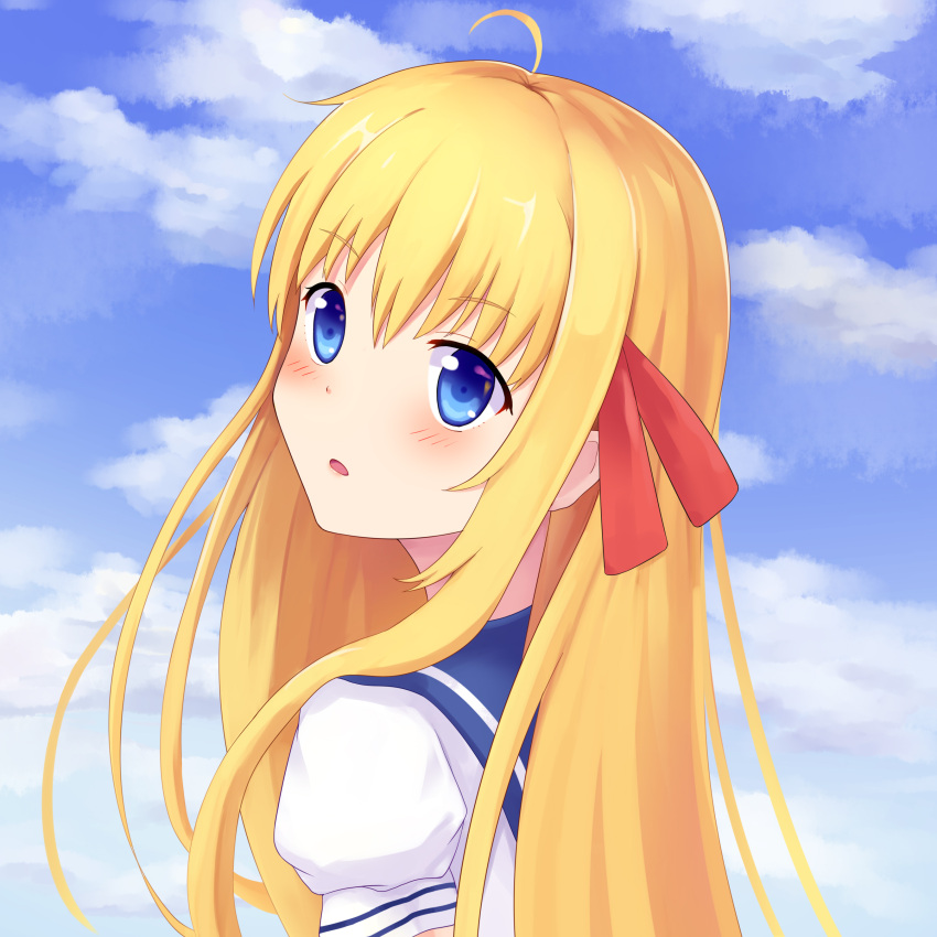 1girl absurdres ahoge artist_request bangs blush clouds commentary_request day eyebrows_visible_through_hair hair_over_shoulder hair_ribbon highres long_hair looking_at_viewer open_mouth original outdoors red_ribbon ribbon shirt short_sleeves solo white_shirt