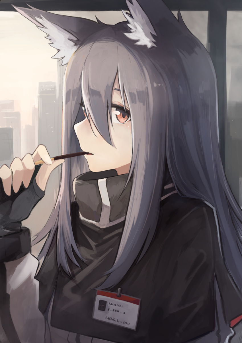 1girl animal_ear_fluff animal_ears arknights black_hair building candy eating eyebrows fingerless_gloves food gloves hair_between_eyes highres jacket kashiyarrm long_hair long_sleeves looking_at_viewer name_tag open_mouth orange_eyes sky skyline skyscraper solo texas_(arknights) upper_body window wolf_ears