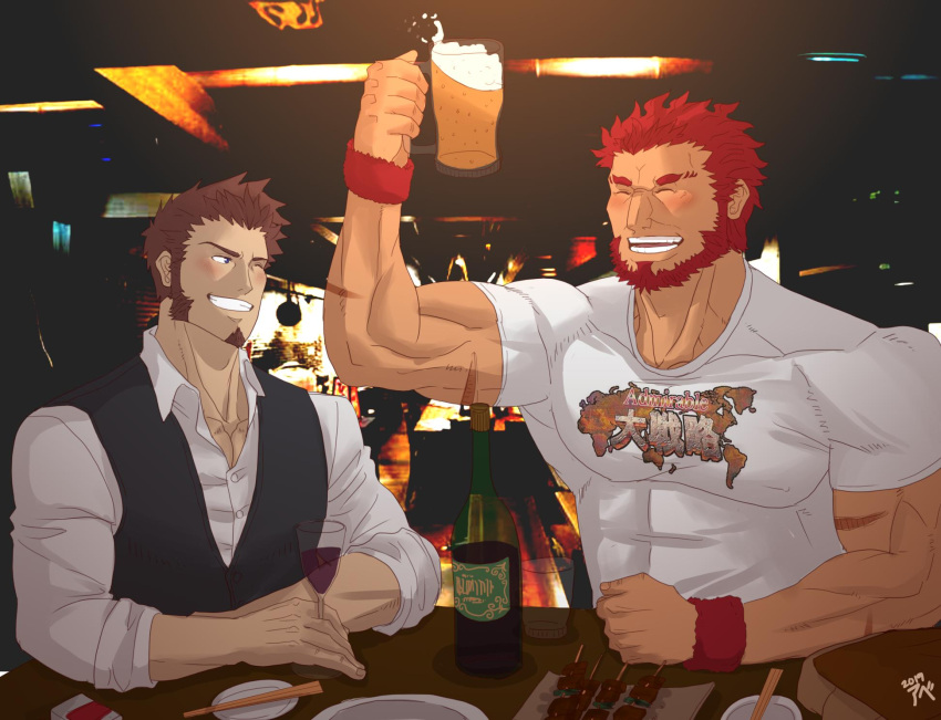 2boys abeberries abs bara beard beer_mug blush bottle bracelet bursting_pecs chest chopsticks closed_eyes facial_hair fate/grand_order fate_(series) highres impossible_clothes jewelry male_focus multiple_boys muscle napoleon_bonaparte_(fate/grand_order) one_eye_closed open_mouth pectorals redhead rider_(fate/zero) shirt sideburns smile t-shirt teeth vest