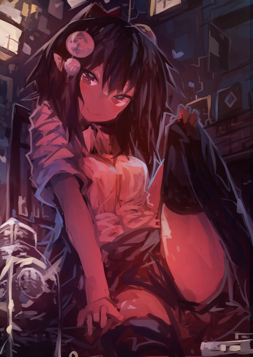 1girl absurdres black_hair black_legwear black_panties black_skirt bottle breasts closed_mouth collared_shirt commentary_request hair_between_eyes hand_on_own_knee hat heart highres kaamin_(mariarose753) leg_up light_blush looking_at_viewer medium_breasts medium_hair panties pointy_ears pom_pom_(clothes) red_eyes red_headwear shameimaru_aya shirt sitting skirt sleeves_pushed_up smile solo thigh-highs tokin_hat touhou tsurime underwear white_shirt