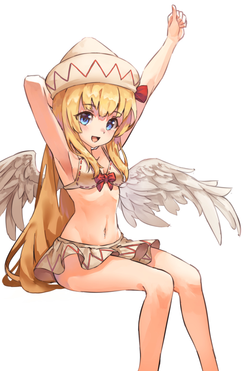1girl :d arm_behind_head armpits arms_up bangs bare_legs bikini bikini_skirt blonde_hair blue_eyes blush breasts commentary_request eyebrows_visible_through_hair feathered_wings feet_out_of_frame highres invisible_chair lily_white long_hair looking_at_viewer navel open_mouth simple_background sitting small_breasts smile solo stomach swimsuit thumbs_up touhou very_long_hair white_background white_bikini white_headwear white_wings wings yanyan_(shinken_gomi)