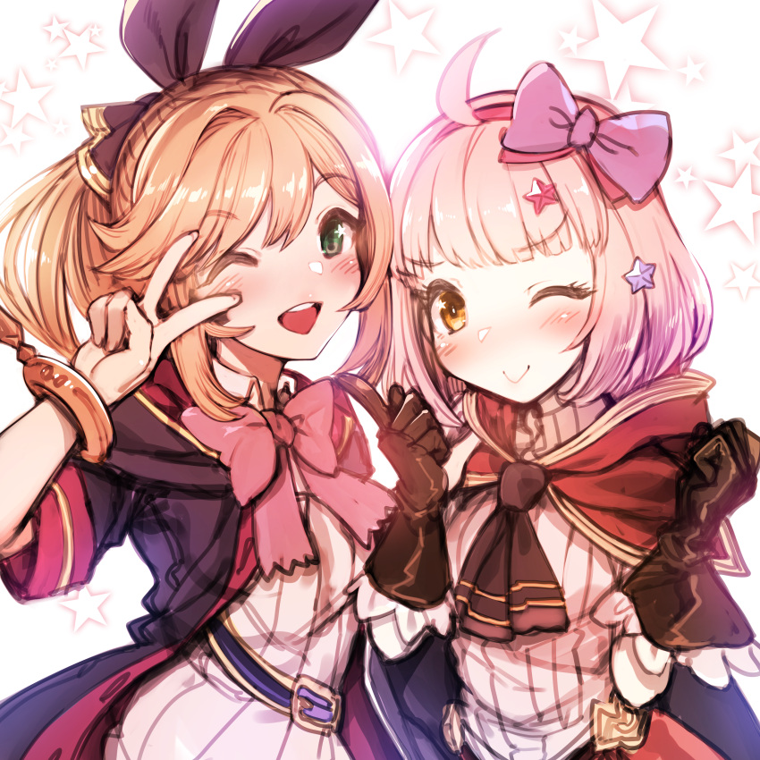 2girls absurdres bangs black_gloves blonde_hair blunt_bangs blush bow clarisse_(granblue_fantasy) eyebrows_visible_through_hair gloves granblue_fantasy green_eyes hair_bow hair_ribbon hairband harigane_shinshi highres long_hair looking_at_viewer multiple_girls one_eye_closed open_mouth orange_hair ponytail princess_connect! princess_connect!_re:dive ribbed_shirt ribbon shirt short_hair swept_bangs upper_body v yellow_eyes