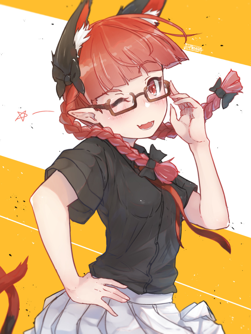 1girl ;d adjusting_eyewear animal_ear_fluff animal_ears bangs bespectacled black-framed_eyewear black_bow black_shirt blunt_bangs bow braid cat_ears cat_tail commentary_request cowboy_shot eyebrows_visible_through_hair fang glasses hair_bow hand_on_hip hand_up head_tilt highres kaenbyou_rin long_hair miniskirt multiple_tails necktie nekomata one_eye_closed open_mouth pleated_skirt pointy_ears red_eyes red_neckwear redhead senzaicha_kasukadoki shirt short_sleeves skin_fang skirt smile solo star tail touhou twin_braids twintails two-tone_background two_tails white_background white_skirt yellow_background