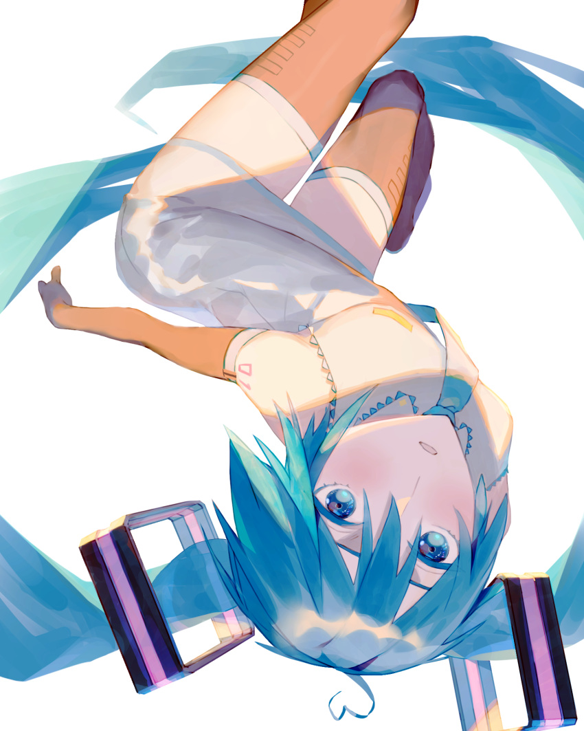 1girl :o agyou_sonokou_l ahoge arms_at_sides backlighting black_legwear blue_eyes blue_hair blue_neckwear blush breasts commentary_request detached_sleeves foot_out_of_frame from_above hatsune_miku heart_ahoge highres long_hair looking_at_viewer looking_up necktie number_tattoo parted_lips shaded_face shiny shiny_hair shirt shoulder_tattoo simple_background sleeveless sleeveless_shirt small_breasts solo sunlight tattoo thigh-highs twintails upside-down very_long_hair vocaloid wakusei_loop_(vocaloid) white_background white_shirt wide-eyed zettai_ryouiki