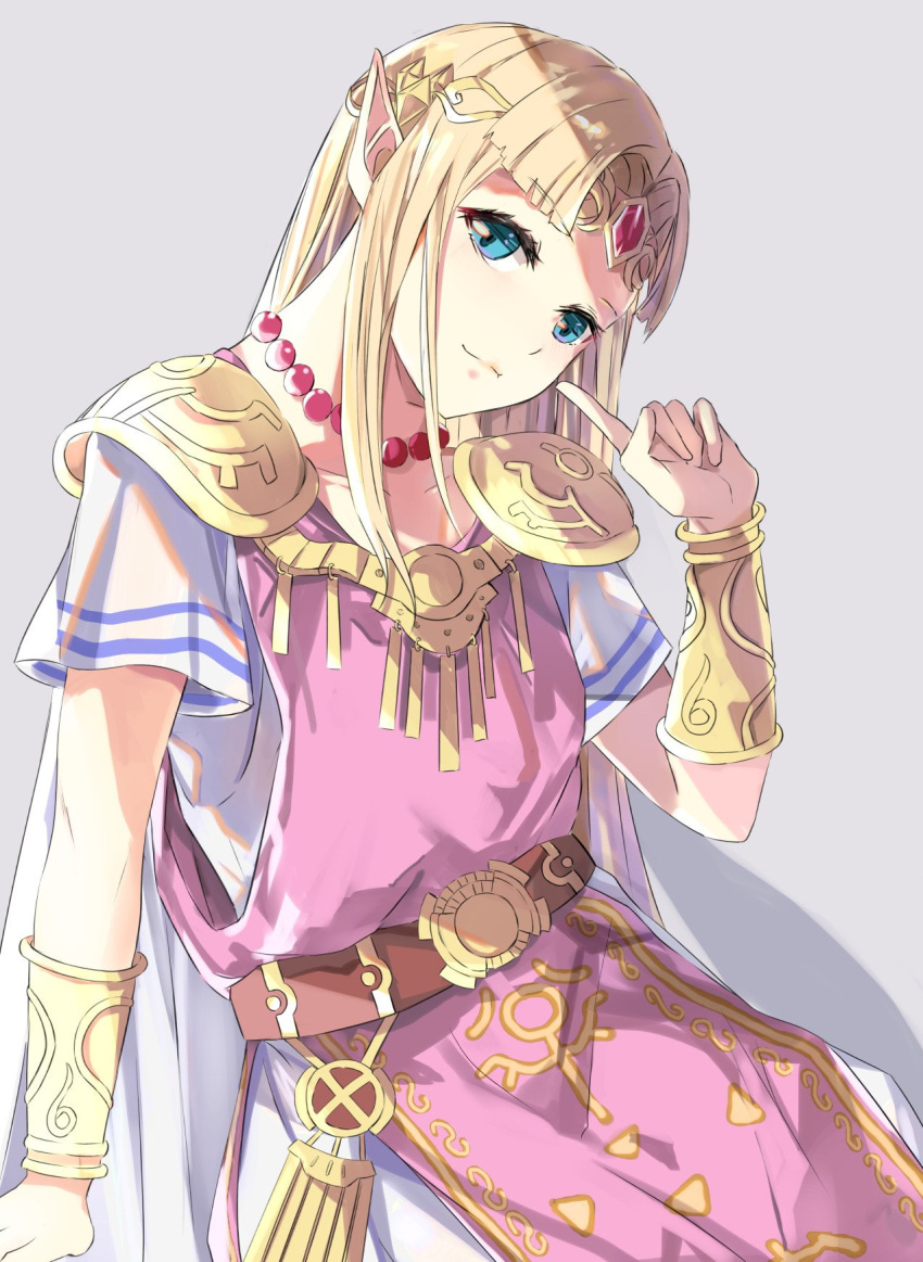 1girl bangs bead_necklace beads belt blonde_hair blue_eyes bracer circlet closed_mouth collarbone cowboy_shot dress eyebrows_visible_through_hair finger_to_cheek gem grey_background head_tilt highres jewelry long_hair looking_at_viewer necklace parted_bangs pauldrons pointy_ears princess_zelda ruby_(gemstone) short_sleeves shoulder_armor sidelocks simple_background smile solo super_smash_bros. tabard the_legend_of_zelda the_legend_of_zelda:_a_link_between_worlds the_legend_of_zelda:_a_link_to_the_past tomas_(kaosu22) white_dress