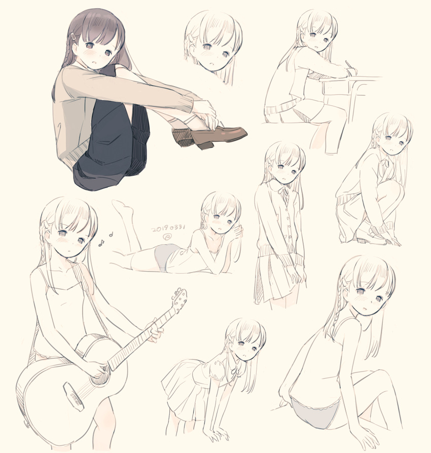 1girl :o arm_support bangs bare_arms bare_shoulders black_skirt blush braid brown_background brown_cardigan brown_eyes brown_footwear brown_hair camisole cardigan closed_mouth collared_shirt desk eighth_note eyebrows_visible_through_hair guitar hair_ornament hairclip highres holding holding_instrument instrument knees_up kokudou_juunigou leaning_forward loafers long_hair long_sleeves looking_at_viewer looking_back lying multiple_views musical_note neck_ribbon no_shoes on_stomach original parted_lips pleated_skirt quarter_note ribbon school_desk shirt shoes short_shorts shorts sitting skirt sleeves_past_wrists socks thigh-highs white_legwear white_shirt