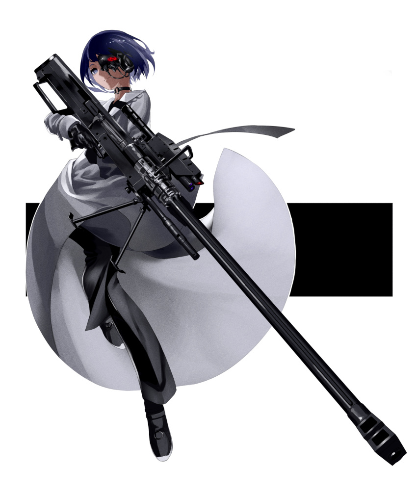 1girl anti-materiel_rifle black_background blue_eyes blue_hair choker commentary_request cybernetic_eye empty_eyes expressionless full_body gloves gun highres leather leather_gloves long_coat looking_at_viewer mecha original pants rifle short_hair simple_background sniper_rifle solo trigger_discipline tsuki-shigure two-tone_background weapon white_background