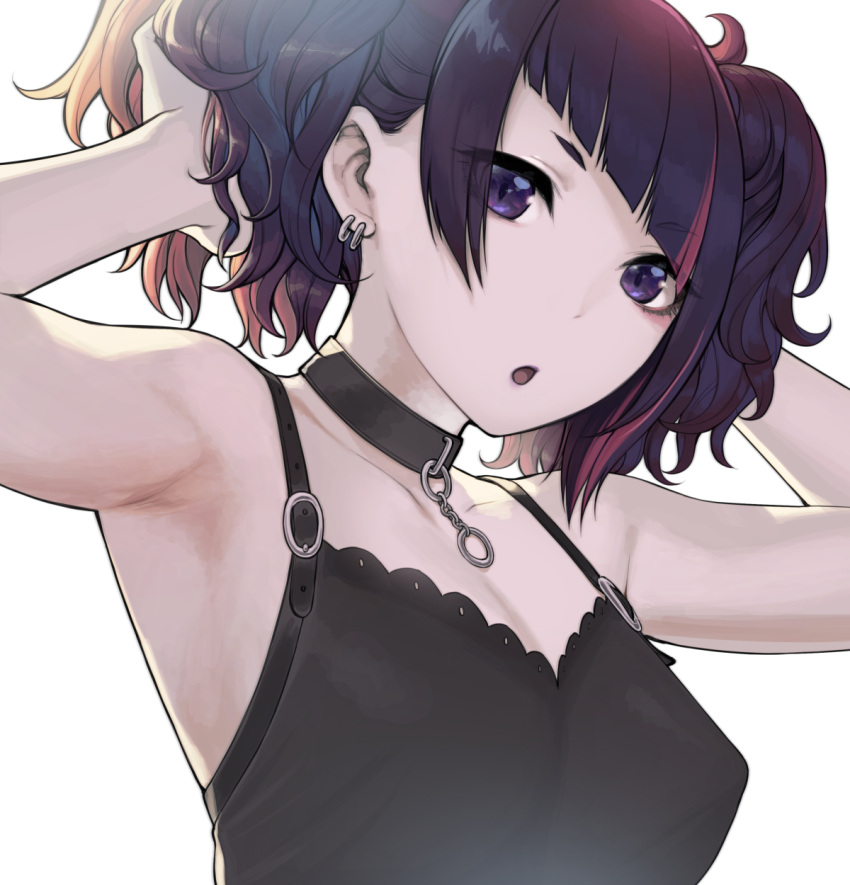 1girl armpits bangs bare_arms bare_shoulders black_camisole black_choker breasts camisole choker collarbone commentary_request diagonal_bangs earrings eyebrows_visible_through_hair hands_in_hair hands_up highres idolmaster idolmaster_shiny_colors jewelry looking_at_viewer parted_lips purple_hair sidelocks simple_background small_breasts solo sunaba_suzume tanaka_mamimi twintails upper_body violet_eyes white_background