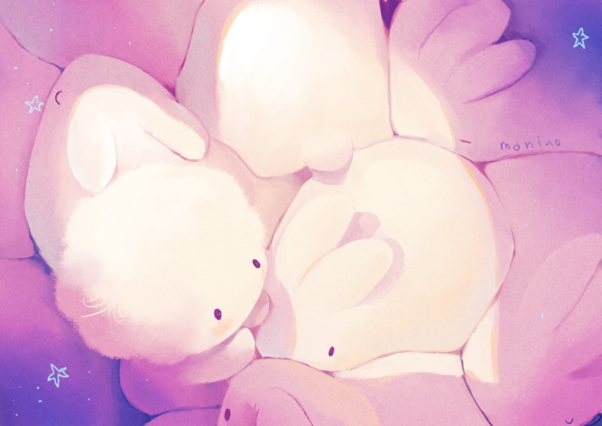 1other animal blush closed_eyes commentary_request manino_(mofuritaionaka) no_humans no_mouth original rabbit signature sleeping solid_oval_eyes star too_many too_many_bunnies u_u