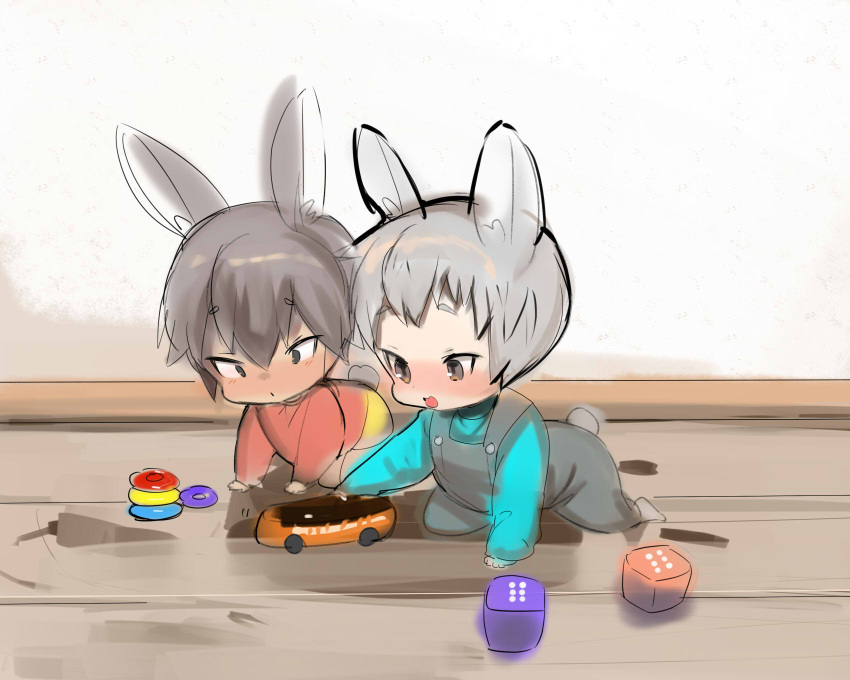 2boys animal_ears baby blush brown_eyes bunny_tail eyebrows_visible_through_hair full_body grey_hair highres male_focus multiple_boys original overalls playing rabbit_ears shirokujira sketch smile tail toy