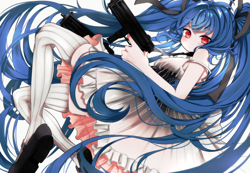 1girl bangs black_footwear black_neckwear black_ribbon blue_hair blush closed_mouth dress dual_wielding eyebrows_visible_through_hair frilled_dress frills girls_frontline grey_dress gun holding holding_gun holding_weapon kairi630 long_hair mary_janes necktie red_eyes ribbon shipka_(girls_frontline) shoes simple_background solo twintails very_long_hair weapon white_background