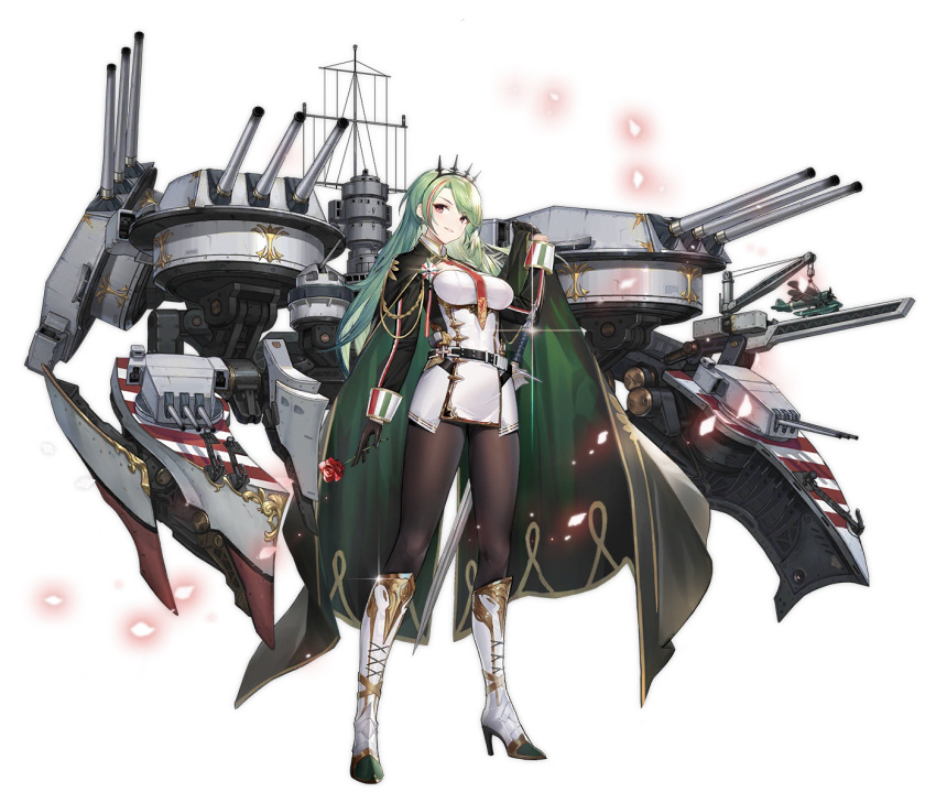 1girl aiguillette artist_request azur_lane bangs black_gloves black_legwear boots brown_eyes cape character_name dress earrings expressions flower full_body glint gloves green_cape green_hair grin gujianshaonv headgear high_heel_boots high_heels highres holding holding_flower jewelry knee_boots littorio_(azur_lane) medal multicolored_hair necktie official_art pantyhose red_flower red_neckwear red_rose redhead rigging rose shrug_(clothing) sidelocks sleeve_cuffs smile solo streaked_hair sword weapon white_dress white_footwear