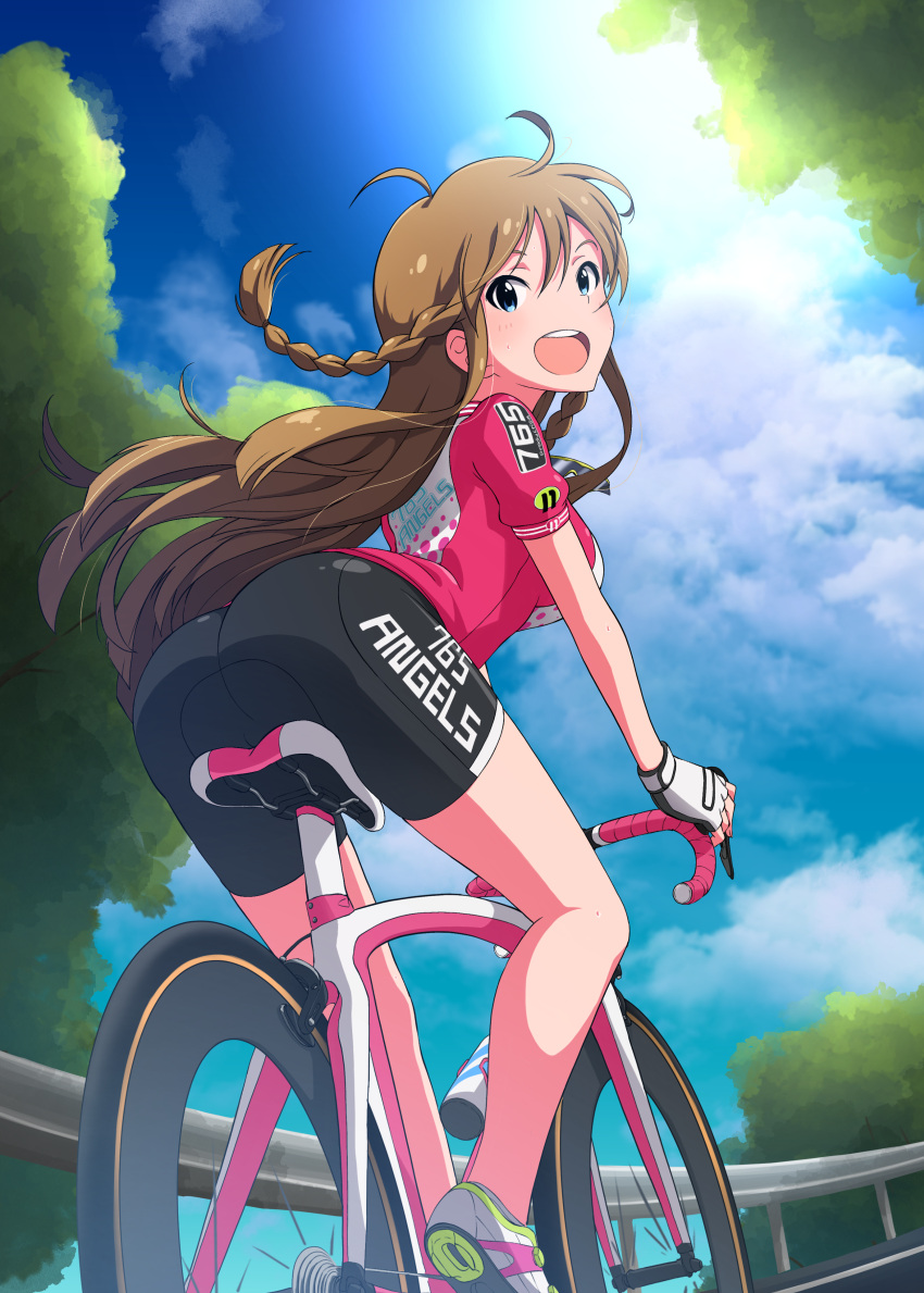 1girl :d absurdres ahoge asanaya ass bare_legs bicycle bike_jersey bike_shorts blue_eyes blush braid breasts brown_hair clothes_writing clouds cloudy_sky day fingerless_gloves from_behind gloves ground_vehicle guard_rail highres idolmaster idolmaster_million_live! kousaka_umi long_hair looking_at_viewer looking_back medium_breasts open_mouth outdoors riding round_teeth short_sleeves sky smile solo sunlight sweat teeth tree twin_braids upper_teeth white_gloves
