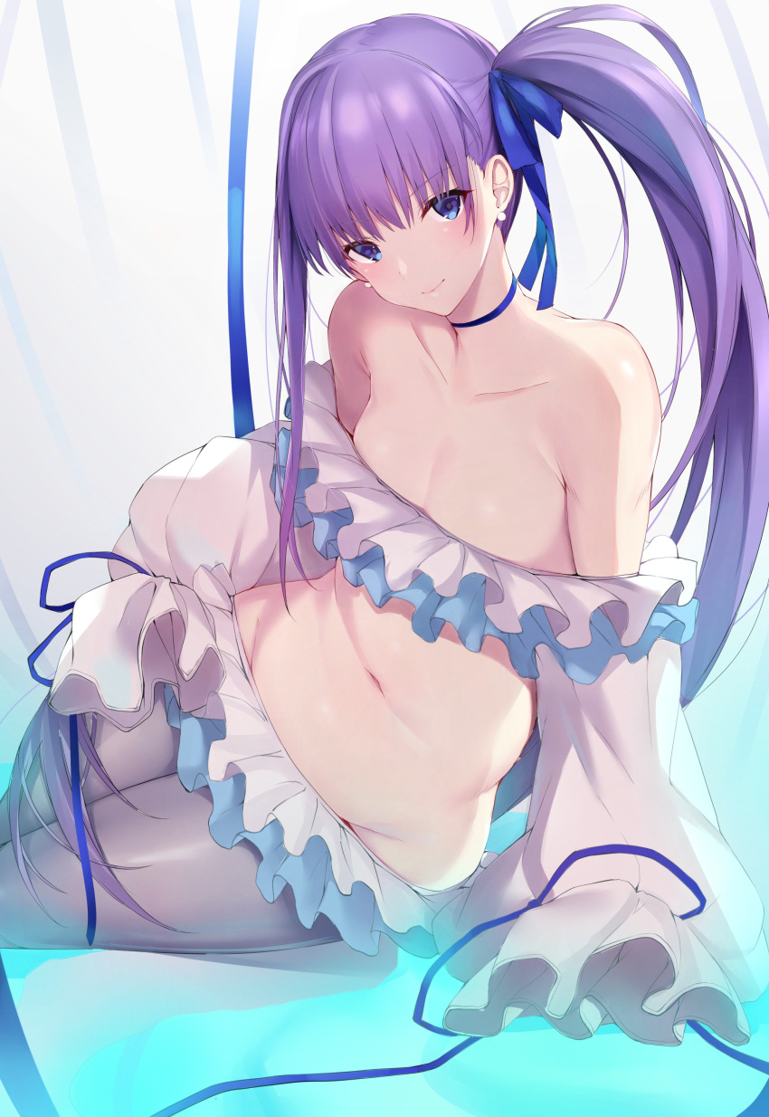 1girl absurdres bangs bare_shoulders bikini blue_eyes blue_gk blue_ribbon blush breasts choker closed_mouth collarbone earrings fate/grand_order fate_(series) frilled_bikini frills hair_between_eyes highres jewelry long_hair long_sleeves looking_at_viewer meltryllis meltryllis_(swimsuit_lancer)_(fate) pantyhose purple_hair ribbon side_ponytail sitting sleeves_past_fingers sleeves_past_wrists small_breasts smile swimsuit thighs very_long_hair white_legwear