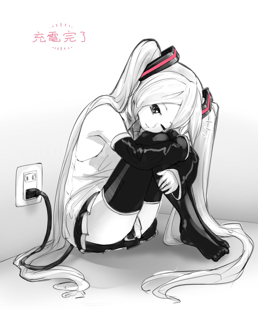 /\/\/\ 1girl android bare_shoulders black_legwear black_skirt corner detached_sleeves electric_plug electric_socket greyscale hair_ornament hatsune_miku head_rest highres indoors knees_to_chest leg_hug long_hair looking_at_viewer monochrome one_eye_closed otyakana parted_lips room shirt sitting skirt sleeping sleeveless sleeveless_shirt spot_color symbol_commentary thigh-highs translated twintails very_long_hair vocaloid waking_up