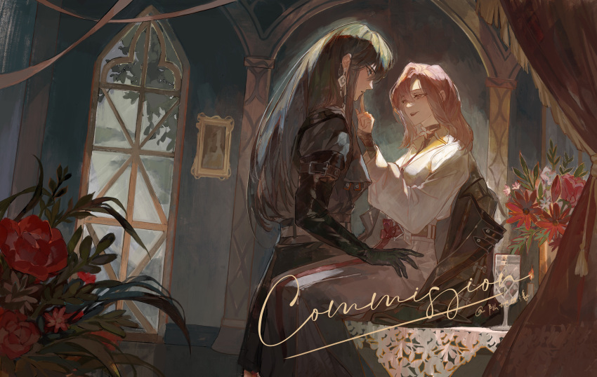 2girls absurdres black_hair brown_eyes brown_hair commentary_request dalujiadebianyuan finger_to_another's_mouth flower highres indoors long_hair multiple_girls parted_lips path_to_nowhere picture_frame rahu_(path_to_nowhere) shalom_(path_to_nowhere) window yuri