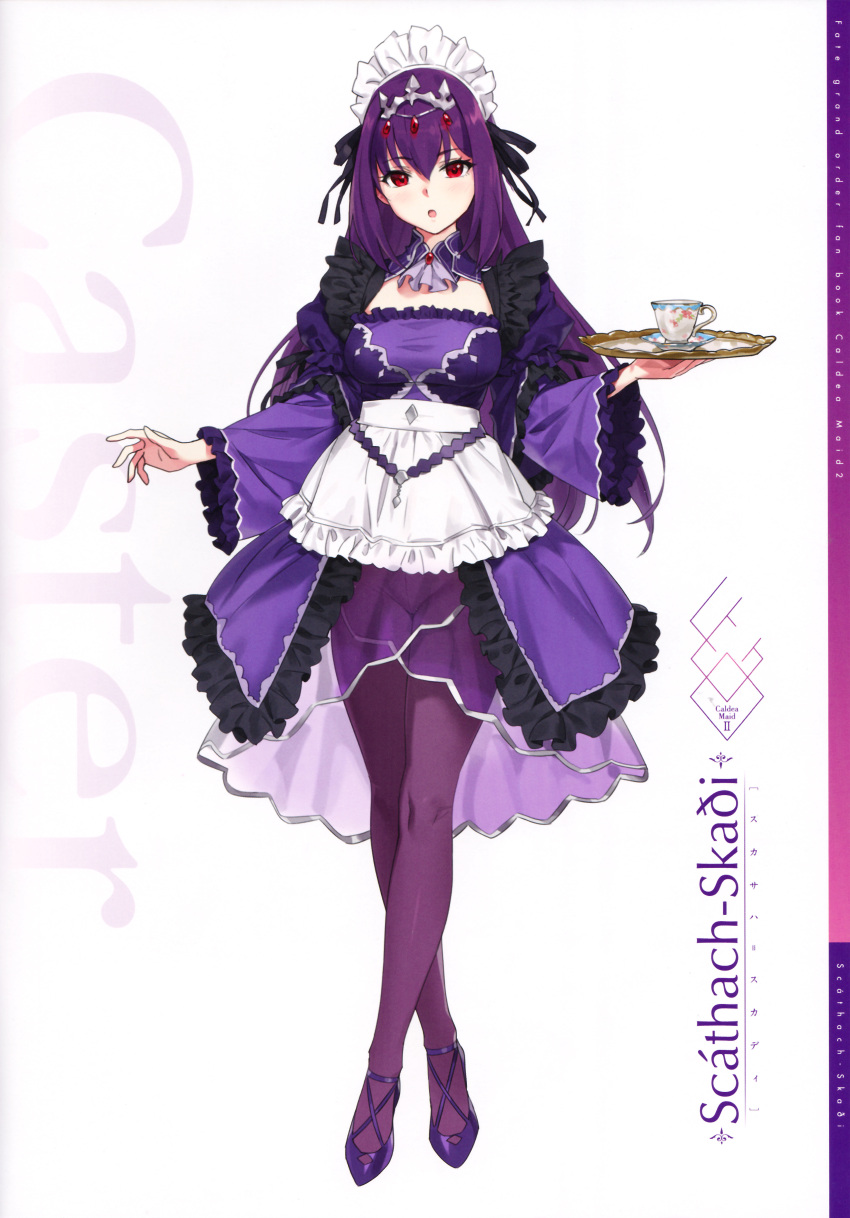 1girl absurdres alternate_costume apron character_name cup english_text enmaided fate/grand_order fate_(series) high_heels highres holding holding_tray looking_at_viewer maid maid_apron maid_dress maid_headdress open_mouth orange_maru purple_hair red_eyes saucer scathach_(fate)_(all) scathach_(fate/grand_order) scathach_skadi_(fate/grand_order) see-through solo teacup tray yang-do