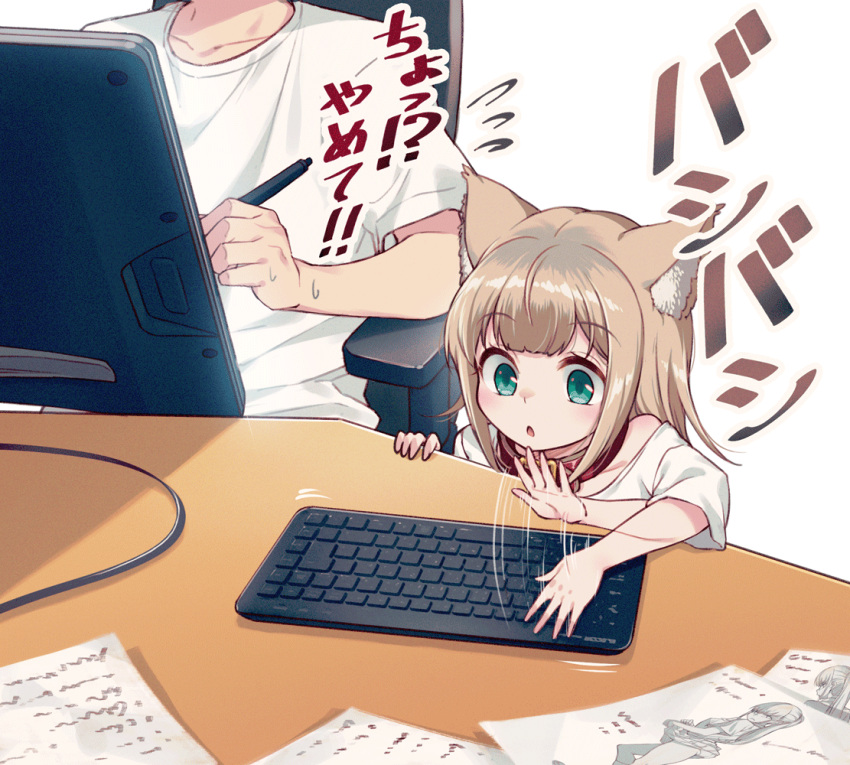 1boy 1girl 40hara afterimage animal_ear_fluff animal_ears aqua_eyes bangs blonde_hair cat_ears collar eyebrows_visible_through_hair head_out_of_frame holding holding_stylus keyboard_(computer) kinako long_hair original shirt short_sleeves sitting stylus white_background white_shirt