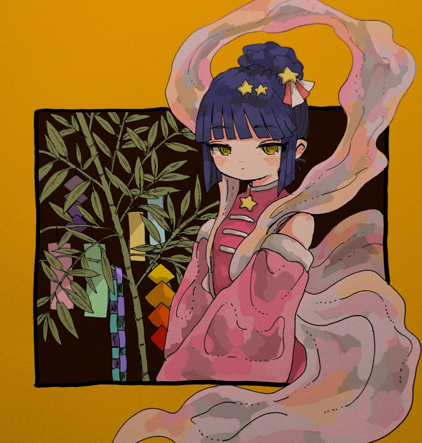 1girl bangs black_background blunt_bangs border braid braided_bun detached_sleeves eyebrows_visible_through_hair highres looking_at_viewer original plant sakura_szm sidelocks solo star yellow_border yellow_eyes