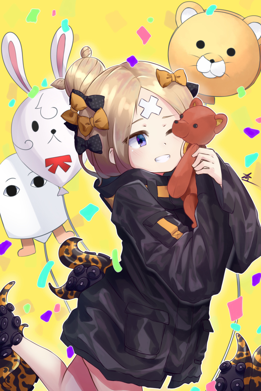 1girl abigail_williams_(fate/grand_order) absurdres balloon bandaid_on_forehead bangs black_bow black_jacket blonde_hair blue_eyes blush bow confetti crossed_bandaids fate/grand_order fate_(series) forehead fou_(fate/grand_order) grin hair_bow hair_bun heroic_spirit_traveling_outfit high_collar highres hoseki1510 jacket long_hair long_sleeves medjed multiple_bows one_eye_closed orange_belt orange_bow parted_bangs polka_dot polka_dot_bow smile solo stuffed_animal stuffed_toy teddy_bear tentacles thighs yellow_background