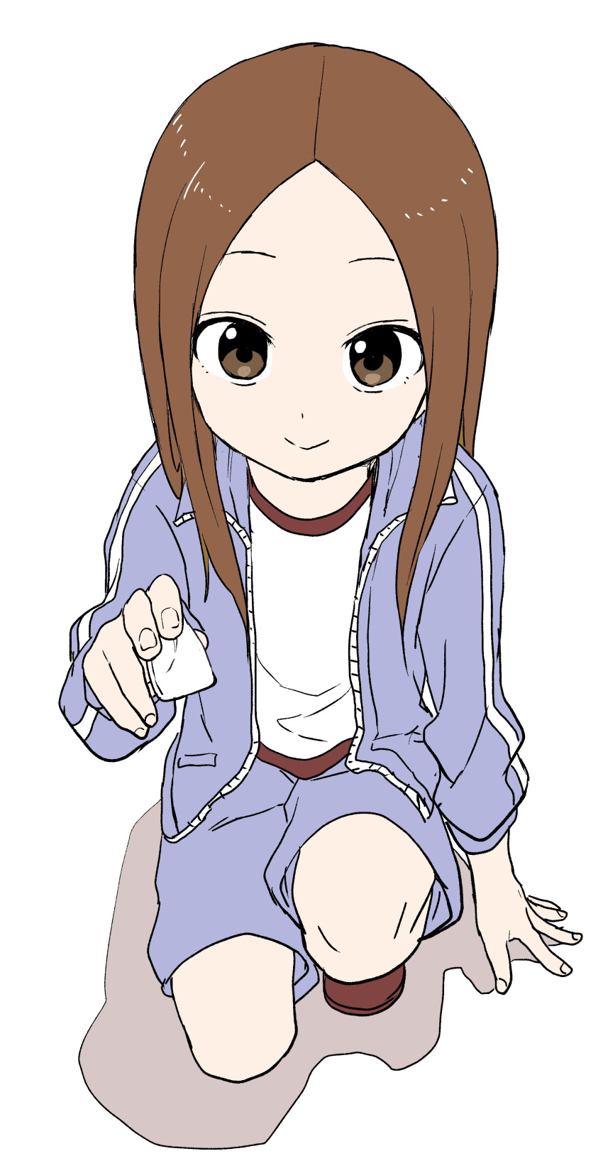 1girl absurdres arm_support bangs blue_jacket blue_shorts brown_eyes brown_footwear brown_hair closed_mouth colored_shadow commentary_request fingernails forehead full_body gym_shirt gym_shorts gym_uniform highres holding jacket karakai_jouzu_no_takagi-san long_hair long_sleeves looking_at_viewer one_knee open_clothes open_jacket parted_bangs shadow shirt shoes shorts smile solo takagi-san white_background white_shirt yamamoto_souichirou