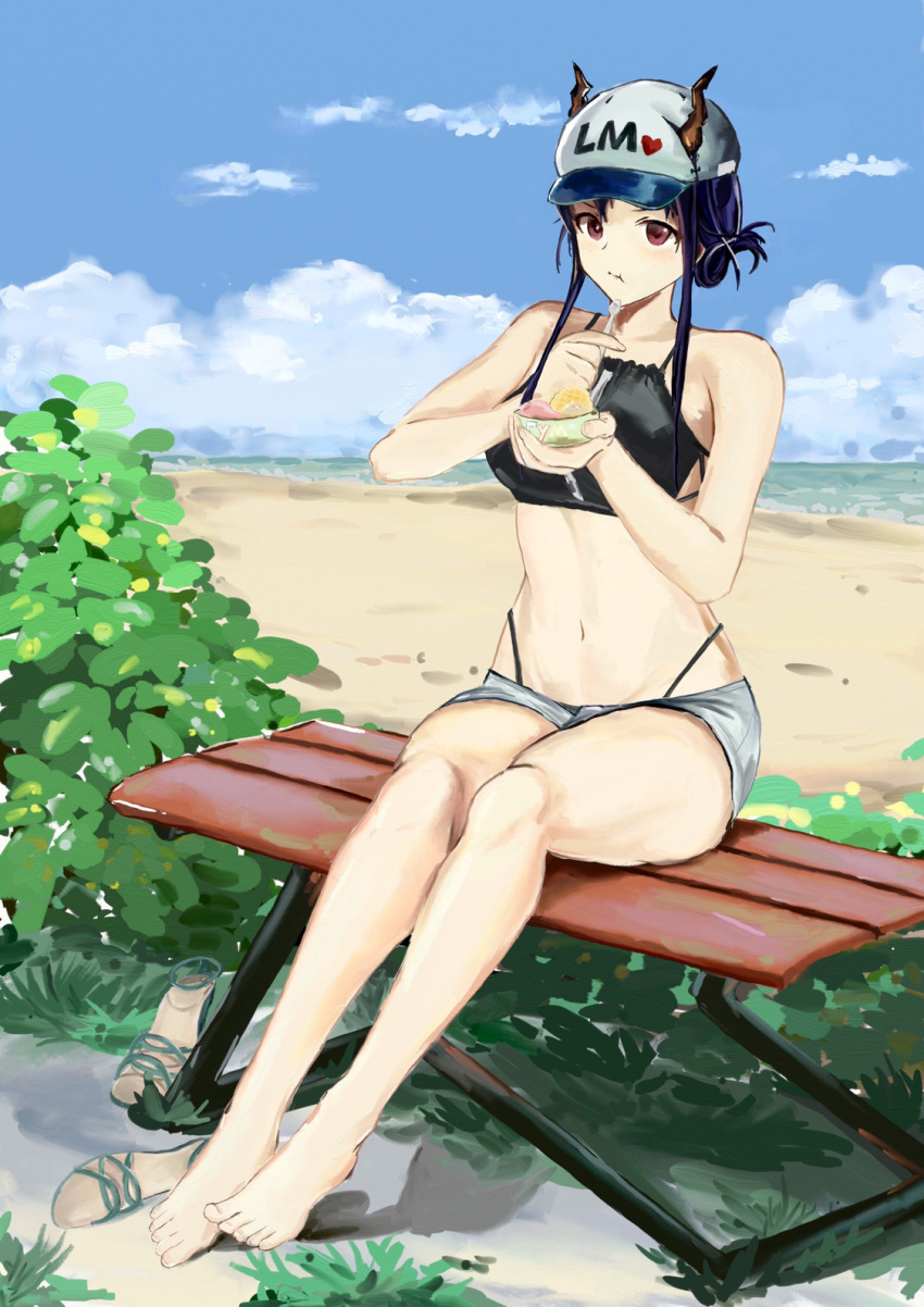 1girl arknights artist_request bare_arms bare_legs bare_shoulders barefoot beach ch'en_(arknights) dragon dragon_girl eating feet highres horns long_hair sandals swimsuit