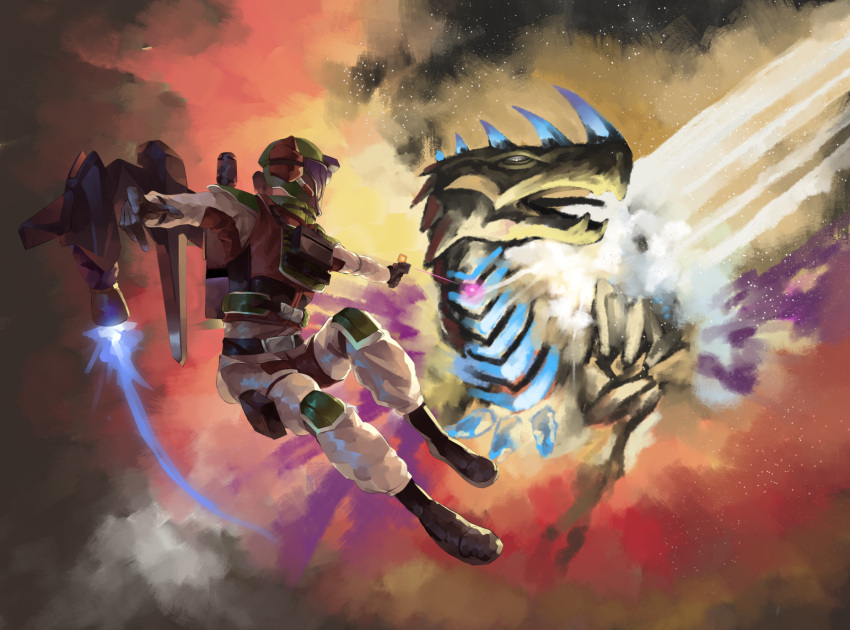 1boy air_raider_(edf) commentary earth_defense_force erginus explosion flying helmet highres jetpack kaijuu laser laser_pointer riki6