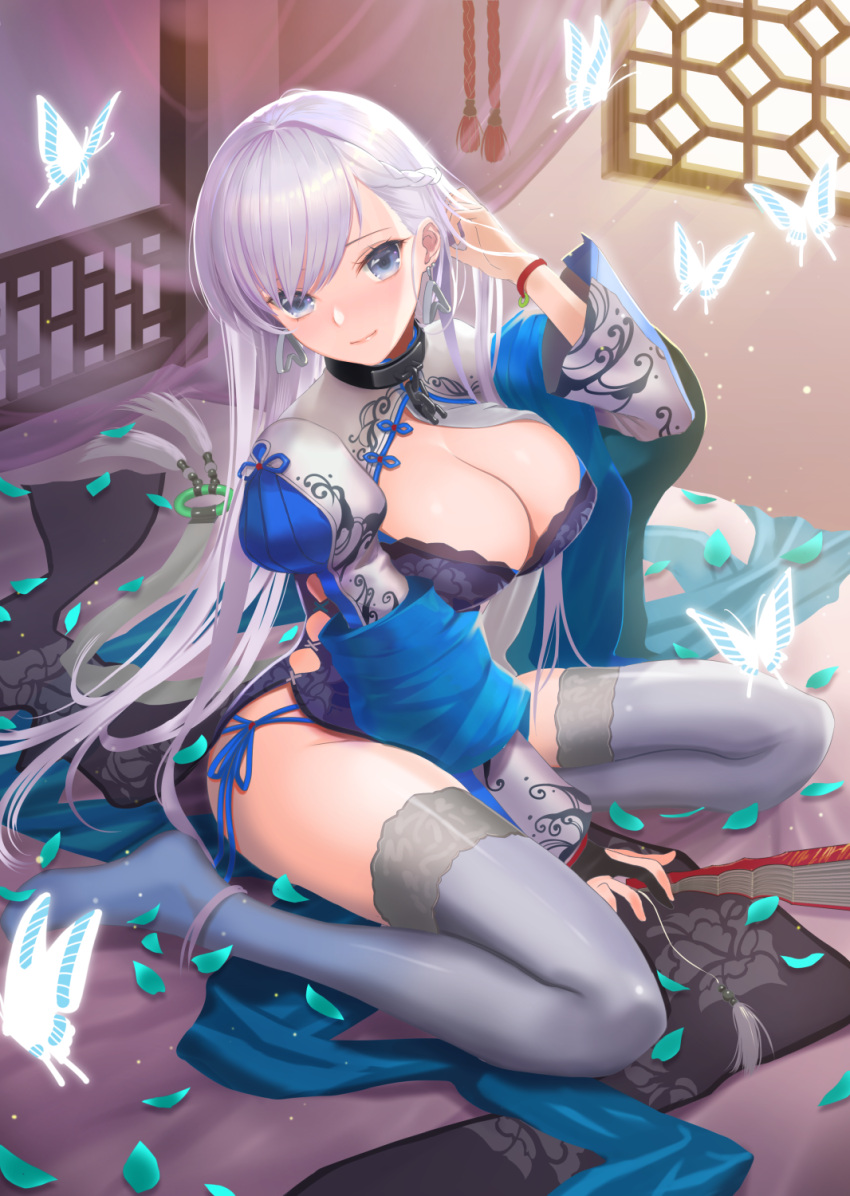 1girl alternate_costume azur_lane belfast_(azur_lane) belfast_(iridescent_rose)_(azur_lane) blue_eyes blush braid breasts bug butterfly chain china_dress chinese_clothes collar day dress earrings eyebrows_visible_through_hair fan folding_fan hand_up highres indoors insect jewelry large_breasts long_hair looking_at_viewer nanam_(nanam_sk) panties side-tie_panties silver_hair sitting smile solo thigh-highs underwear white_legwear window yokozuwari