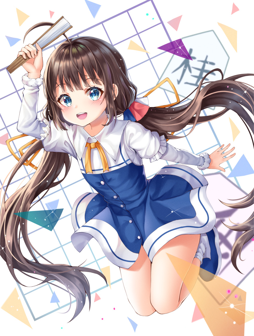 1girl absurdres ahoge bangs blue_dress blue_eyes blue_footwear blush brown_hair child dress fan folding_fan full_body highres hinatsuru_ai huge_filesize long_hair long_sleeves looking_at_viewer low_twintails miudo open_mouth ryuuou_no_oshigoto! school_uniform shoes simple_background smile socks solo twintails very_long_hair