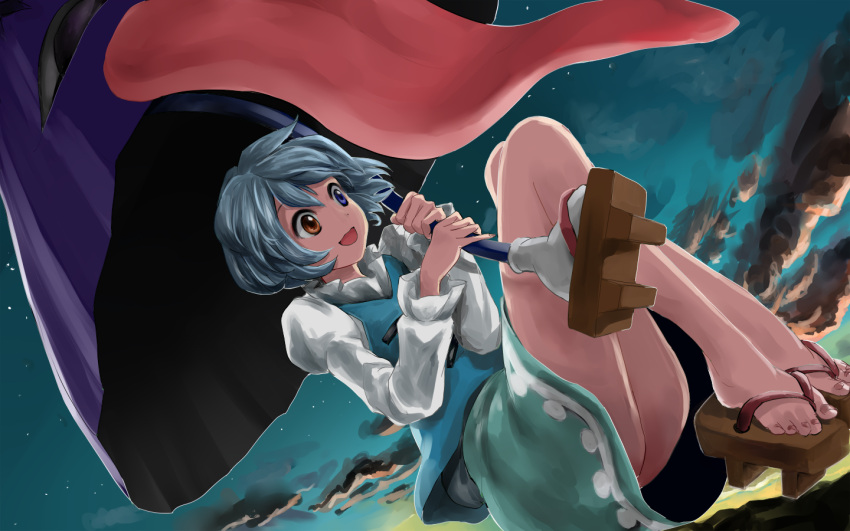 1girl ass bare_legs blue_eyes blue_hair blue_skirt blue_vest clouds cloudy_sky commentary_request feet floating flying full_body geta heterochromia holding holding_umbrella karakasa_obake long_sleeves long_tongue looking_down night night_sky open_mouth puffy_long_sleeves puffy_sleeves red_eyes shirt short_hair skirt sky smile solo tandori_tsubasa tatara_kogasa toenail_polish toenails toes tongue touhou umbrella vest white_shirt