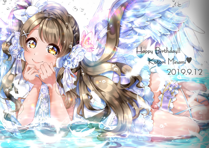 1girl bangs dated dress feathers flower hair_flower hair_ornament hair_ribbon hairclip happy_birthday heart highres legband light_brown_hair long_hair looking_at_viewer love_live! love_live!_school_idol_project minami_kotori panda_copt ribbon side_ponytail smile solo thighs water water_drop wings yellow_eyes