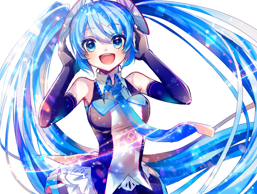 1girl :d bare_shoulders black_skirt black_sleeves blue_eyes blue_hair blue_neckwear blush cd cd_hair_ornament commentary detached_sleeves elbow_gloves eyebrows_visible_through_hair gloves hair_ornament hands_up hatsune_miku hexagon highres lens_flare long_hair looking_at_viewer necktie open_mouth rainbow shirayuki_towa shirt skirt sleeveless sleeveless_shirt smile solo sparkle striped striped_shirt symbol_in_eye twintails upper_body very_long_hair vocaloid white_background
