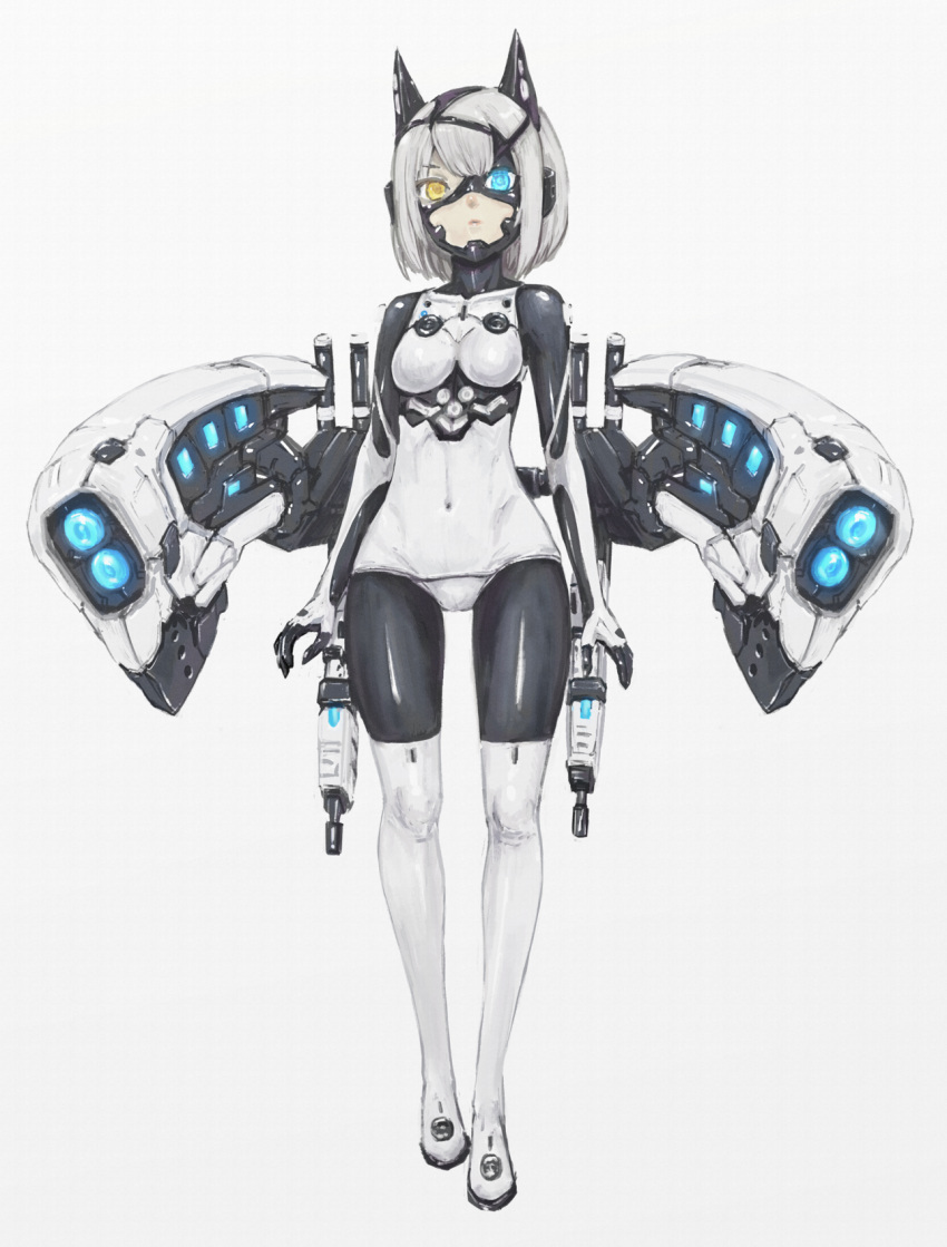 1girl arms_at_sides blue_eyes bodysuit commentary_request covered_navel cybernetic_eye cybernetic_parts full_body glowing glowing_eye hair_between_eyes headgear heterochromia highres mecha_musume original science_fiction shiny shiny_clothes skin_tight solo white_background white_hair yellow_eyes yumikoyama49