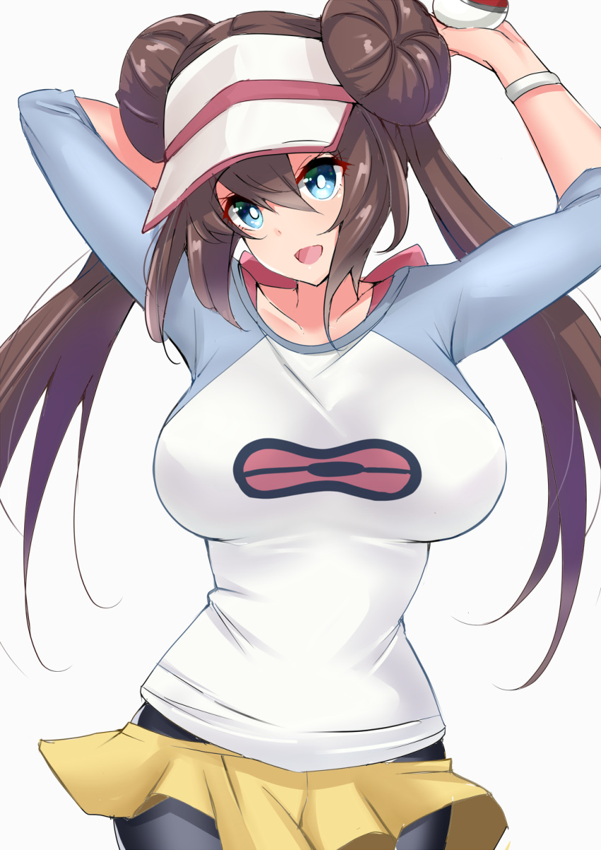 1girl arms_up bangs black_legwear blue_eyes blush breasts brown_hair collarbone commentary_request double_bun hair_between_eyes highres large_breasts legwear_under_shorts long_sleeves looking_at_viewer mei_(pokemon) open_mouth pantyhose poke_ball pokemon pokemon_(game) pokemon_bw2 raglan_sleeves sankakusui short_shorts shorts simple_background smile twintails visor_cap white_background wristband yellow_shorts
