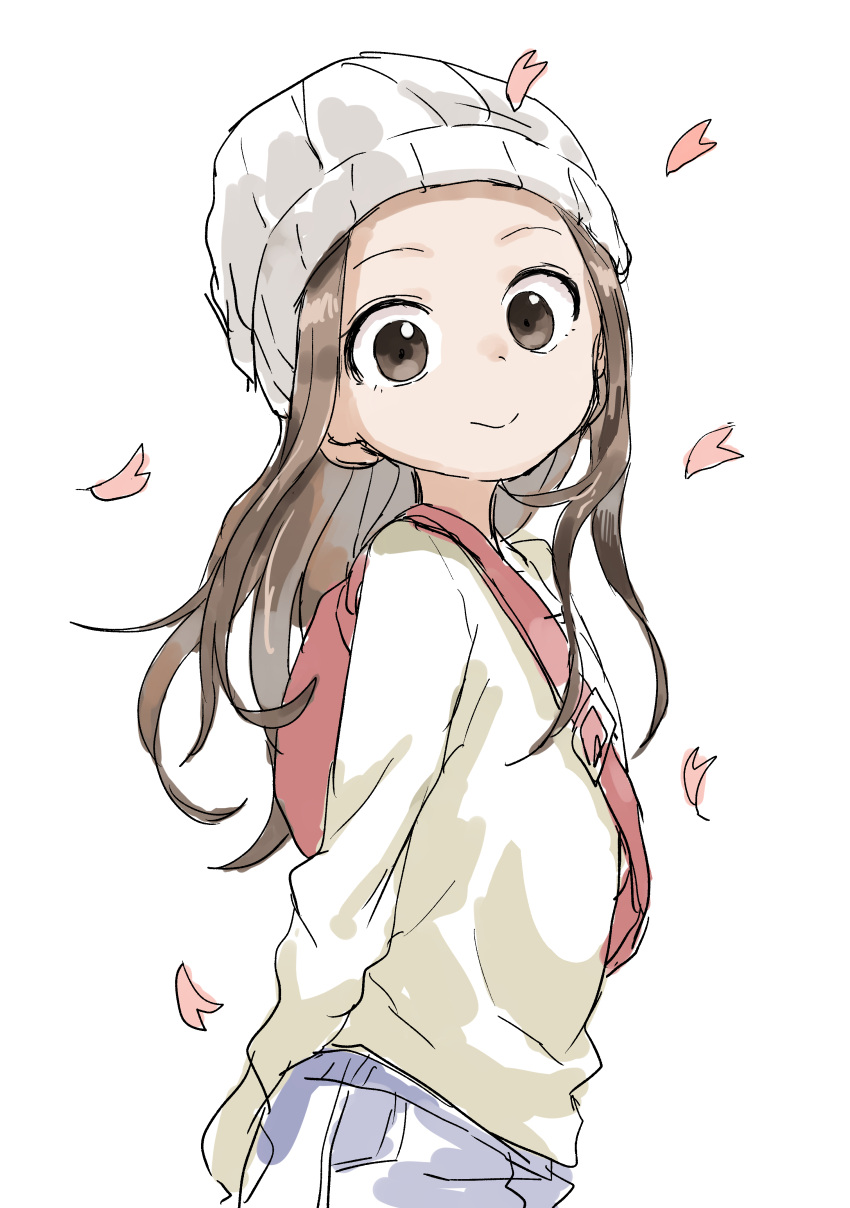1girl absurdres backpack bag bangs beanie blue_pants brown_eyes brown_hair closed_mouth commentary_request forehead hat highres karakai_jouzu_no_takagi-san long_hair long_sleeves looking_at_viewer looking_to_the_side official_art pants parted_bangs petals shirt simple_background sketch smile solo takagi-san white_background white_headwear white_shirt yamamoto_souichirou