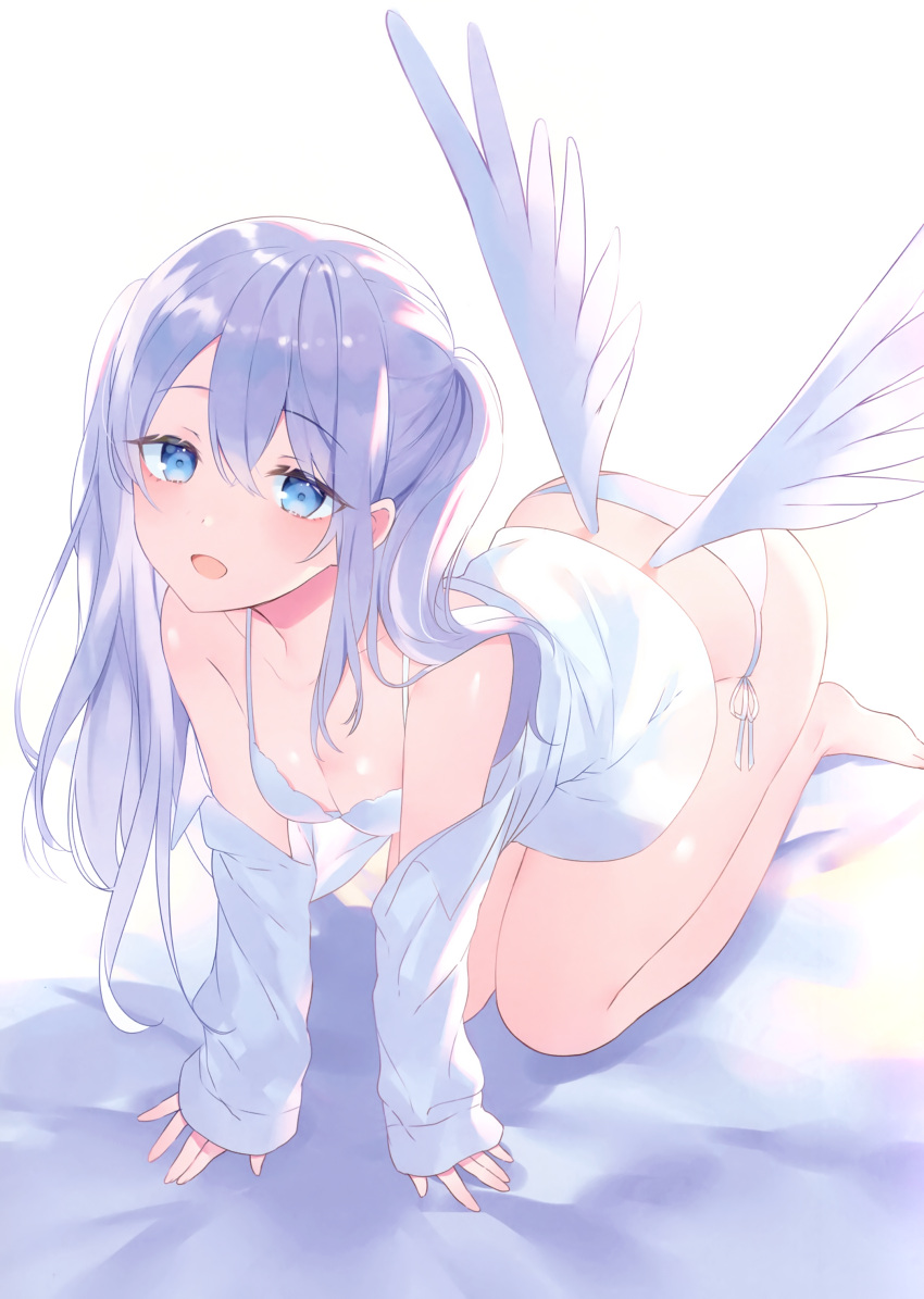 1girl absurdres achiki all_fours angel_wings bangs bare_legs bare_shoulders bed_sheet blue_eyes blush bra breasts dress_shirt eyebrows_visible_through_hair feathered_wings highres indoors long_hair looking_at_viewer low_wings medium_breasts off-shoulder_shirt off_shoulder open_clothes open_mouth open_shirt original panties purple_hair scan shirt side-tie_panties sleeves_past_wrists solo two_side_up underwear white_bra white_panties white_shirt wings