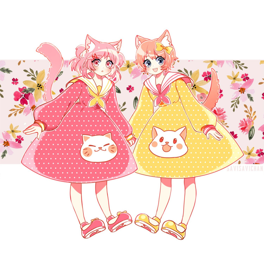2girls :d alternate_costume animal_ear_fluff animal_ears artist_name bangs blue_eyes bow cat_ears cat_tail commentary doki_doki_literature_club dress eyebrows_visible_through_hair floral_background full_body hair_bow hair_ornament hairclip highres kemonomimi_mode long_sleeves looking_at_viewer multiple_girls natsuki_(doki_doki_literature_club) open_mouth pink_dress pink_eyes pink_footwear pink_hair polka_dot polka_dot_dress puffy_long_sleeves puffy_sleeves sailor_dress savi_(byakushimc) sayori_(doki_doki_literature_club) shoes short_hair smile symbol_commentary tail triangle_mouth two_side_up unmoving_pattern yellow_bow yellow_dress yellow_footwear