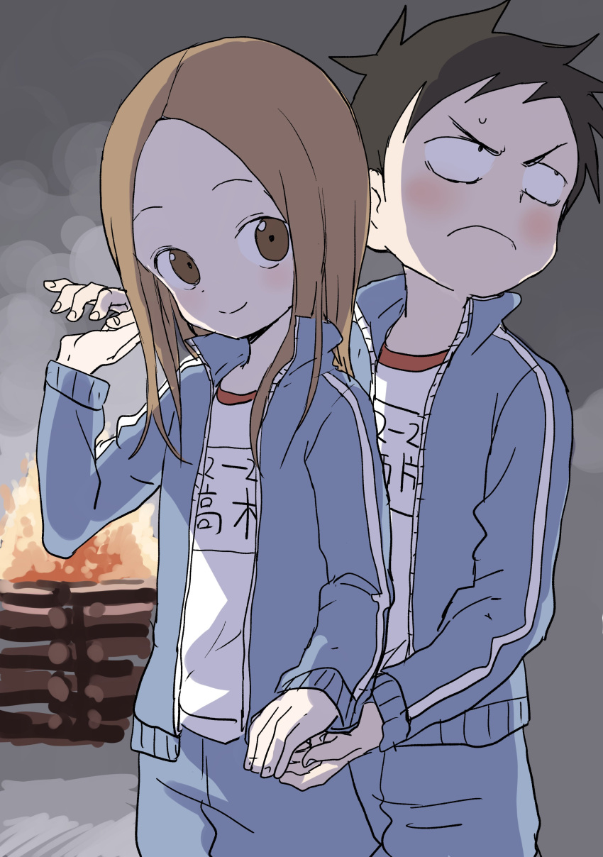 1boy 1girl absurdres bangs black_hair blue_jacket blue_pants blush bonfire brown_eyes brown_hair burning closed_mouth commentary_request fingernails fire forehead highres holding_hands jacket karakai_jouzu_no_takagi-san long_hair long_sleeves looking_away looking_up name_tag nishikata official_art open_clothes open_jacket pants parted_bangs shirt sleeves_past_wrists smile takagi-san track_jacket track_pants track_suit white_shirt yamamoto_souichirou