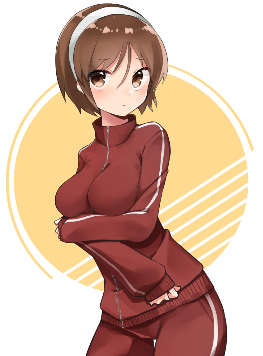 1girl absurdres bangs blush breasts brown_eyes brown_hair closed_mouth dot_nose eyebrows_visible_through_hair hairband highres jacket kantai_collection katsuobushi_(eba_games) long_sleeves medium_breasts natori_(kantai_collection) red_track_suit short_hair simple_background solo track_jacket track_suit turtleneck white_hairband zipper