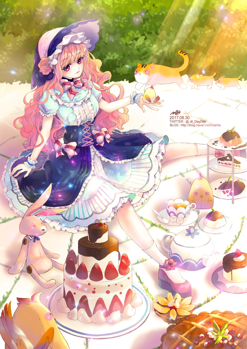 1girl absurdres bangs bird blue_dress bow breasts cake cat chocolate commentary dated dress dress_bow eyebrows_visible_through_hair flower food frills fruit garden hair_ornament hat highres jii_dayday long_hair medium_breasts on_ground original outdoors party pie pink_bow pink_flower puffy_short_sleeves puffy_sleeves red_eyes short_sleeves sitting solo strawberry stuffed_animal stuffed_bunny stuffed_toy sugar_cube tea watermark web_address white_dress wrist_cuffs