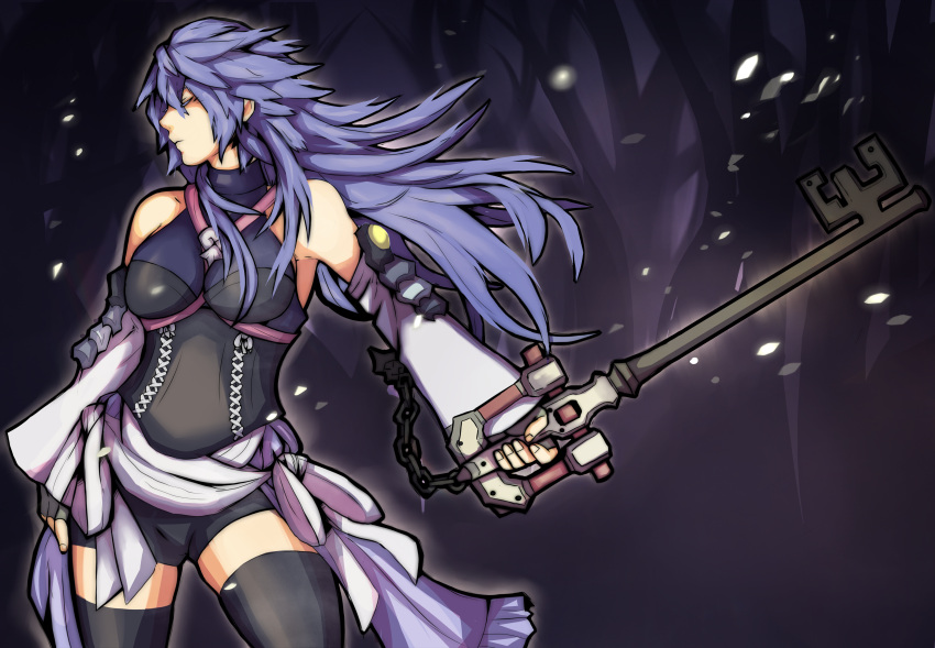 1girl absurdres aqua_(kingdom_hearts) blue_hair closed_eyes detached_sleeves fingerless_gloves gloves highres keyblade kingdom_hearts sash short_hair shorts solo standing tabletorgy thigh-highs