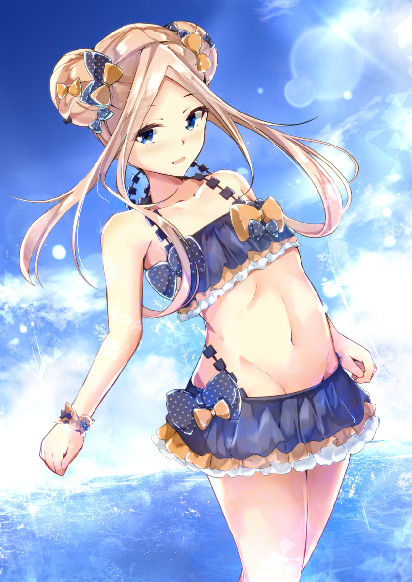 1girl abigail_williams_(fate/grand_order) bangs bare_shoulders bikini black_bow blonde_hair blue_eyes blue_sky blush bow breasts collarbone cucchiore double_bun emerald_float fate/grand_order fate_(series) forehead frilled_bikini frills hair_bow highres lens_flare long_hair looking_at_viewer miniskirt multiple_bows navel ocean open_mouth orange_bow parted_bangs polka_dot polka_dot_bow scrunchie skirt sky small_breasts smile solo sunlight swimsuit thighs wrist_scrunchie