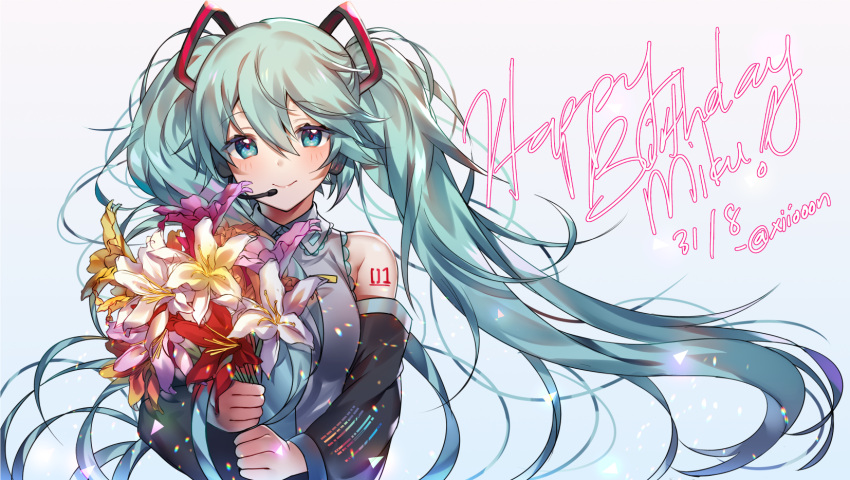 1girl :&gt; absurdly_long_hair arms_at_sides bangs bare_shoulders blue_background blue_eyes blue_hair blue_neckwear blush bouquet breasts character_name dated detached_sleeves eyebrows_visible_through_hair eyelashes floating_hair flower flower_request glowing gradient gradient_background hair_between_eyes happy happy_birthday hatsune_miku headset highres holding holding_bouquet holding_flower light_particles long_hair looking_at_viewer medium_breasts necktie number_tattoo orange_flower pink_background pink_flower purple_flower red_flower shirt shoulder_tattoo simple_background sleeveless sleeveless_shirt smile solo standing tattoo twintails twitter_username upper_body very_long_hair vocaloid white_background white_flower white_shirt xionfes yellow_flower