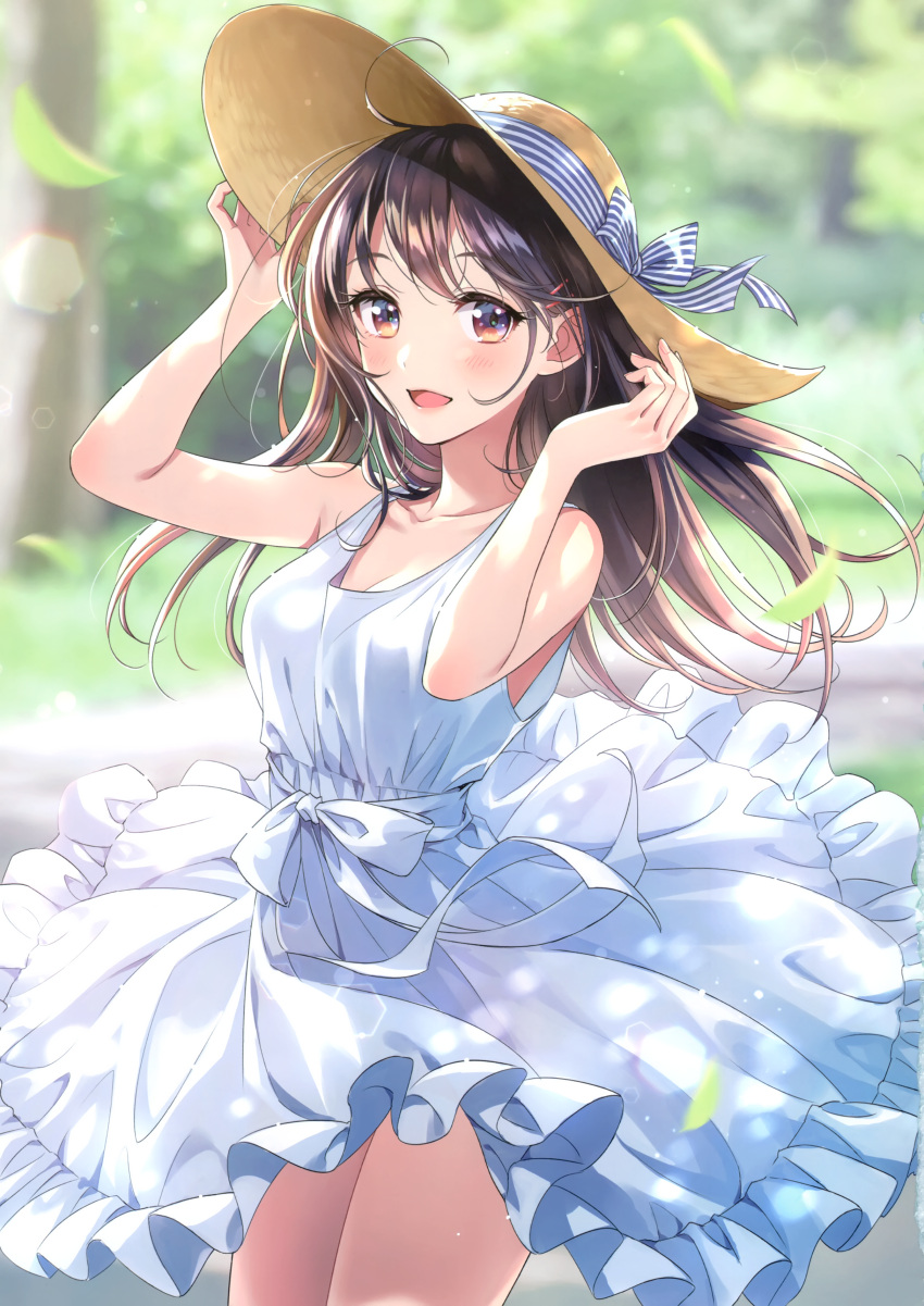 1girl :d absurdres bangs bare_shoulders blush breasts brown_eyes brown_hair collarbone dated day dress floating_hair hair_ornament hairclip hands_on_headwear hat hat_tug highres holding long_hair looking_at_viewer medium_breasts morikura_en open_mouth original outdoors scan sidelocks sleeveless sleeveless_dress smile solo sun_hat sundress white_dress wind wind_lift